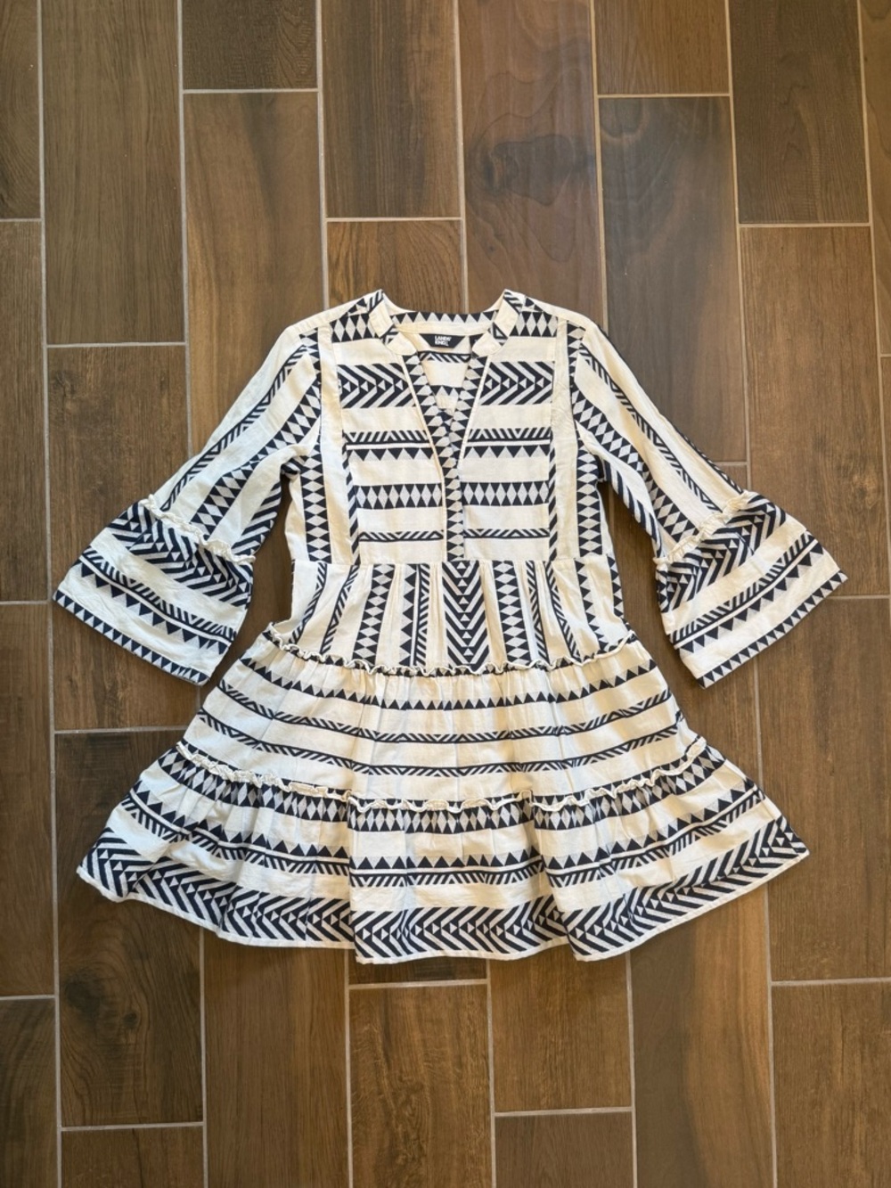 Lands' End Navy Blue & White Geo-Pattern Tiered Dress